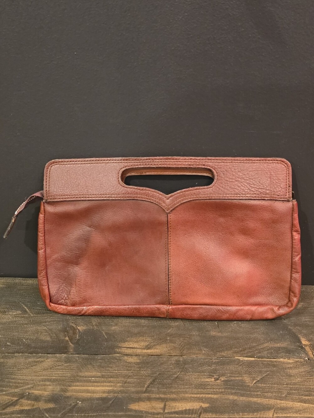 Vtg 1970s Red Brown Genuine Leather Clutch Bag Cutout Handle Made In Hong Kong